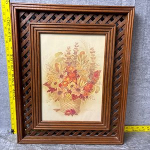Vintage Signed Robert Laessig Floral Basket Print Lattice Wood Frame Simon Sez Auctions Tyler, TX