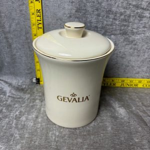 Gevalia Coffee Storage Canister White Gold Ceramic Airtight Seal Simon Sez Auctions Tyler TX